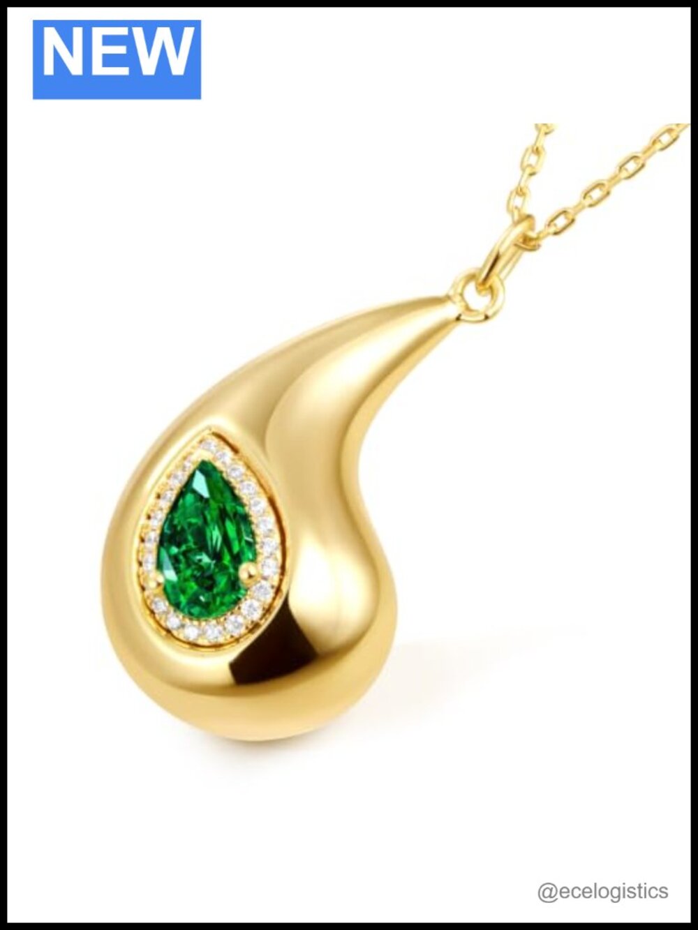 14K Gold Plated Emerald CZ Teardrop Pendant Necklace Hypoallergenic